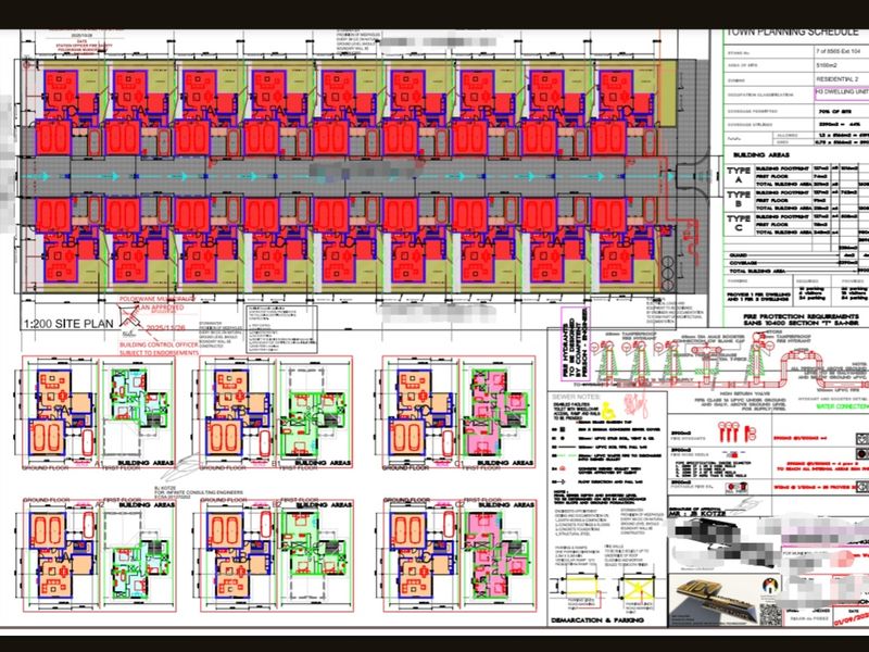 A detailed site plan and architectural floor plan layout for a residential development project.