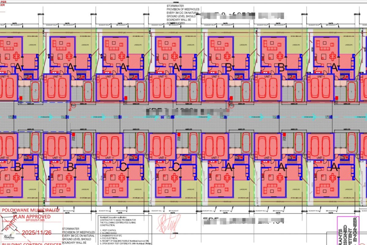 A detailed 1:200 site plan showing the layout of multiple residential units and site infrastructure.