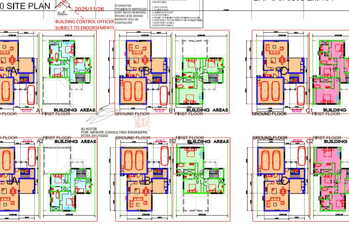 A detailed site plan and architectural floor plan layouts for multiple residential building units, showing ground and first-floor configurations.