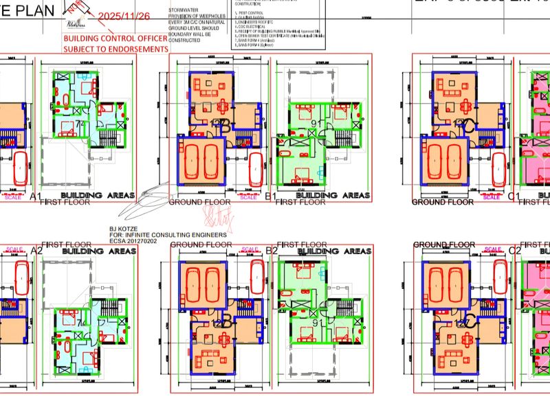 A detailed site plan and architectural floor plan layouts for multiple residential building units, showing ground and first-floor configurations.