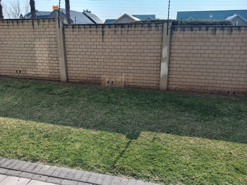 A private garden area featuring a brick boundary wall with integrated electric fencing and a paved border.