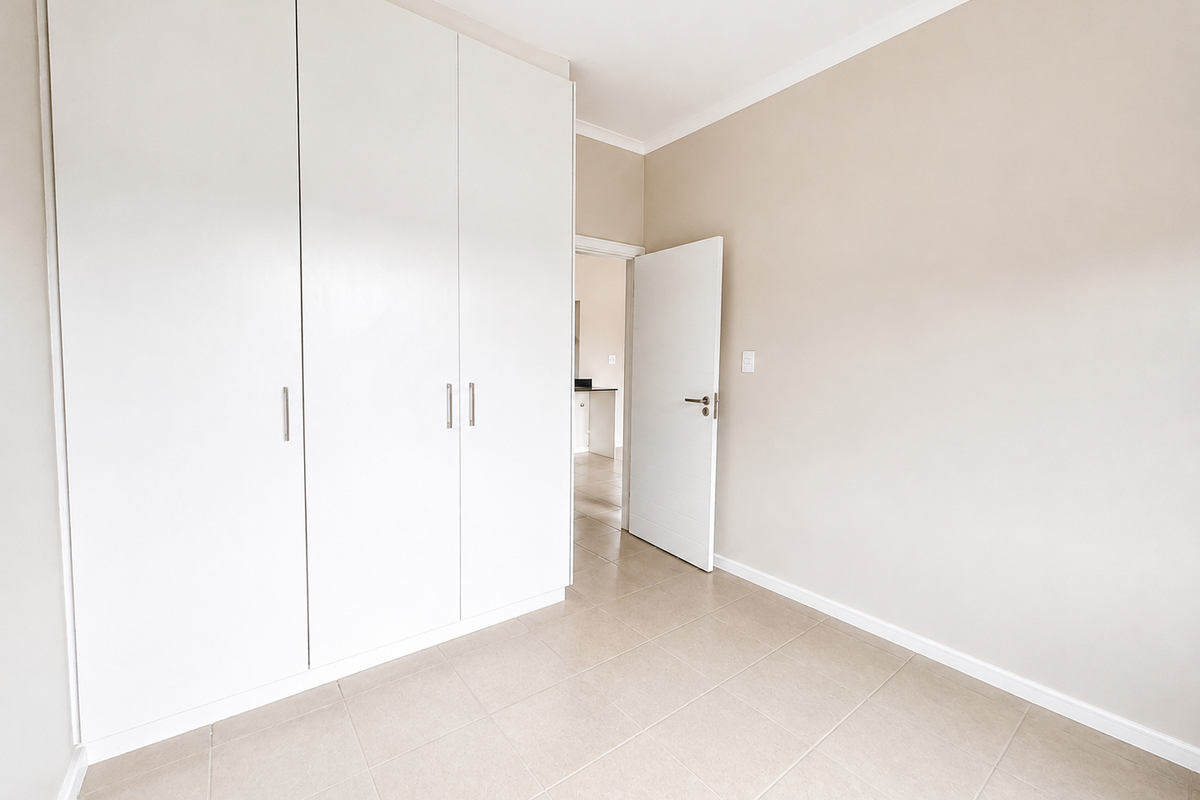 A bright, empty bedroom featuring neutral tiled flooring, built-in white cupboards, and clean wall finishes, offering a versatile space ready for personalization.