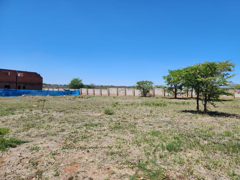A vacant residential plot featuring natural vegetation, mature trees, and a perimeter boundary wall.