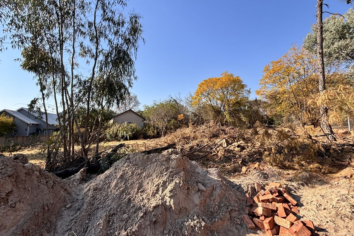 A large, undeveloped garden area featuring mature trees, fencing, and significant ground debris requiring clearing and landscaping.