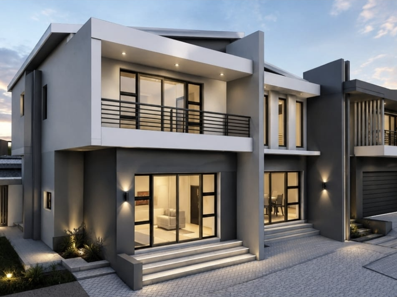 Modern two-story residential facade featuring clean architectural lines, a paved driveway, integrated balcony, and contemporary exterior lighting.