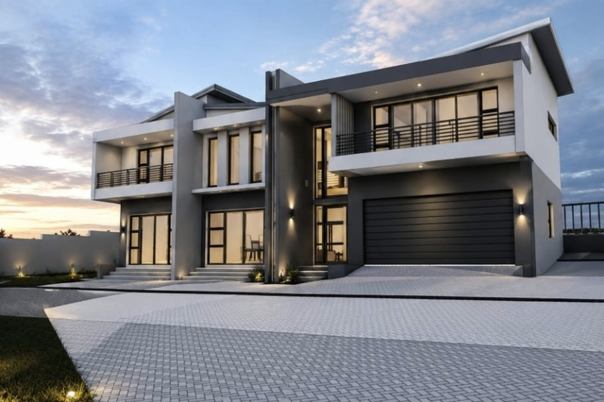 Modern double-story residential property featuring a paved driveway, integrated double garage, and upper-level balconies with contemporary architectural design.