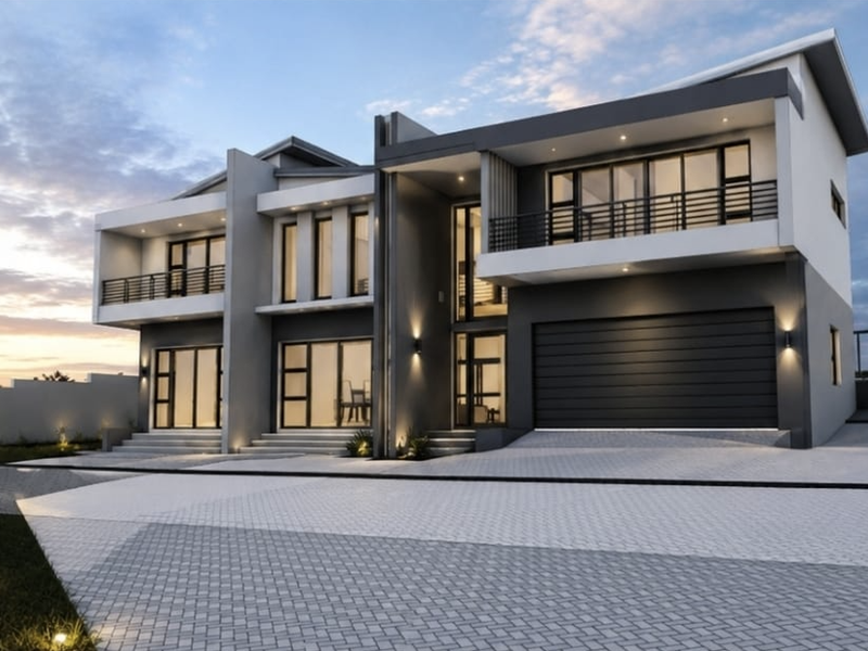Modern double-story residential property featuring a paved driveway, integrated double garage, and upper-level balconies with contemporary architectural design.