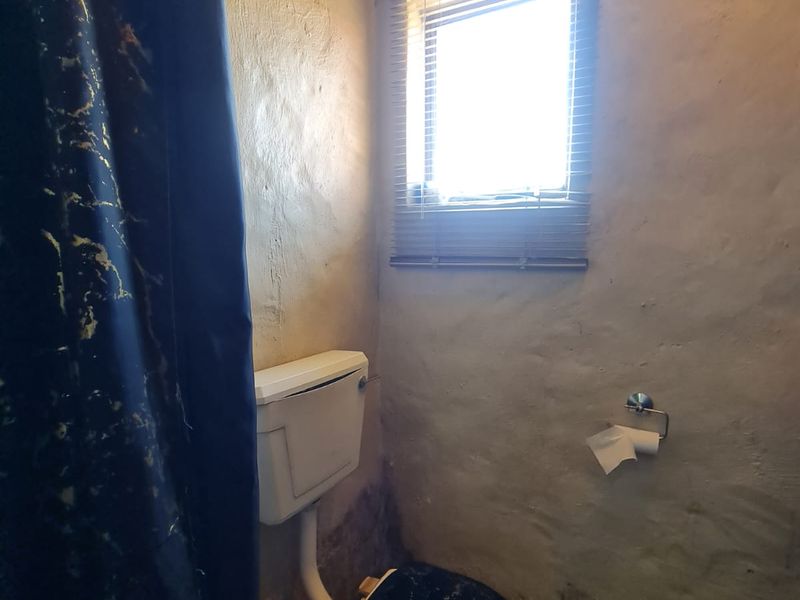A small bathroom featuring a standard toilet and window, currently showing significant wear to the wall finishes and requiring cosmetic updates.