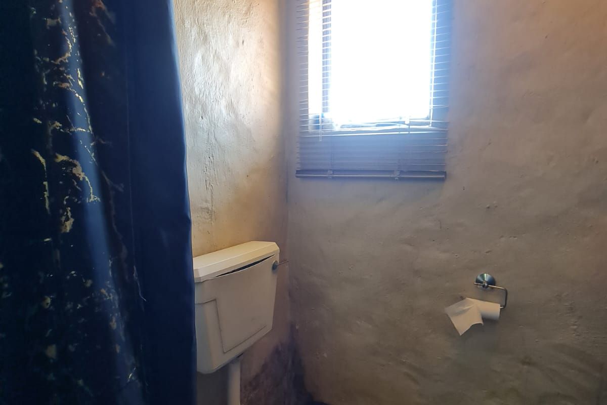 A small bathroom featuring a standard toilet and window, currently showing significant wear to the wall finishes and requiring cosmetic updates.