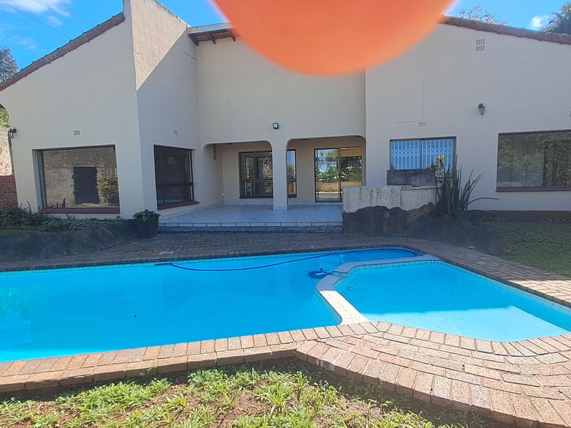 Rear view of the property featuring a swimming pool, brick paved surround, covered patio area, and a built-in braai.