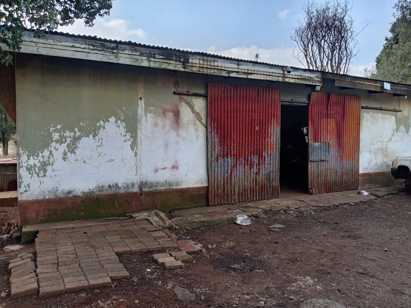 A detached garage structure featuring corrugated iron sliding doors and a metal roof, showing significant signs of weathering and exterior maintenance requirements.