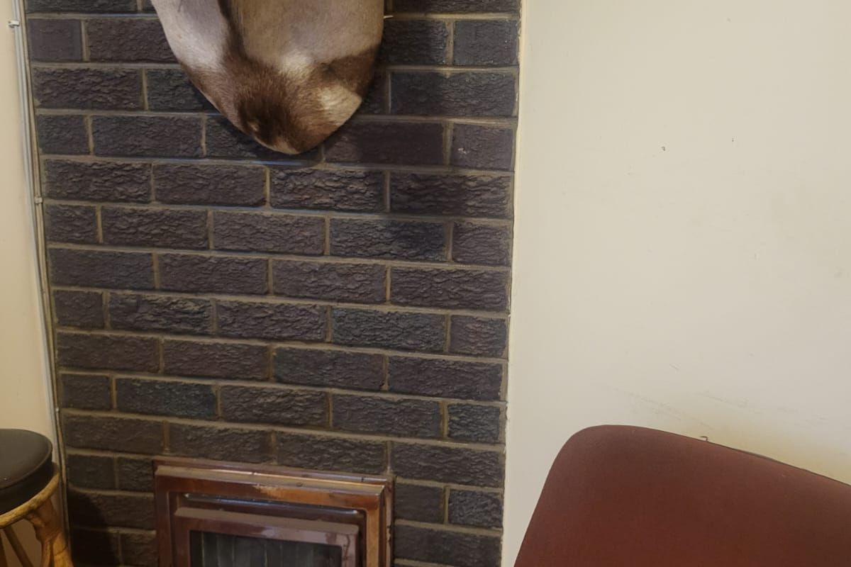 A living room area featuring a dark brick fireplace with a built-in insert, requiring cosmetic updates to improve the overall aesthetic.