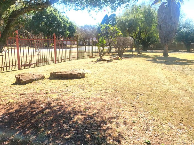 A spacious outdoor garden area featuring mature trees, a large palm tree, and metal perimeter fencing.