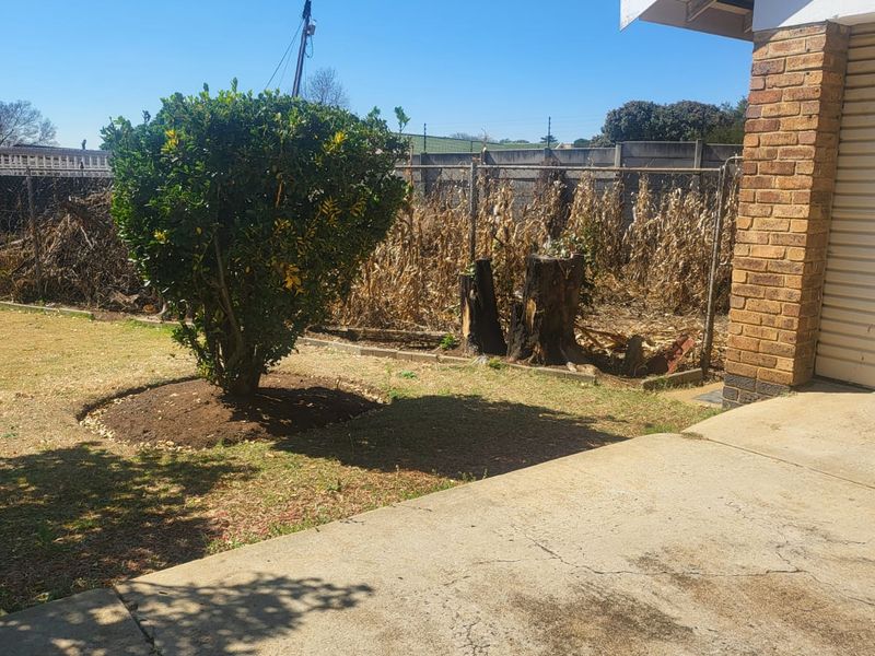 Rear exterior view of the property featuring a brick facade, concrete driveway, and a fenced garden area with some overgrown vegetation.