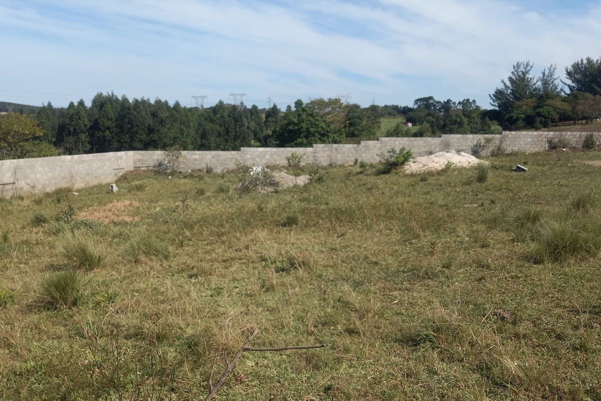 A vacant residential plot featuring natural grass terrain and a concrete block perimeter wall, offering a clear space for future development.