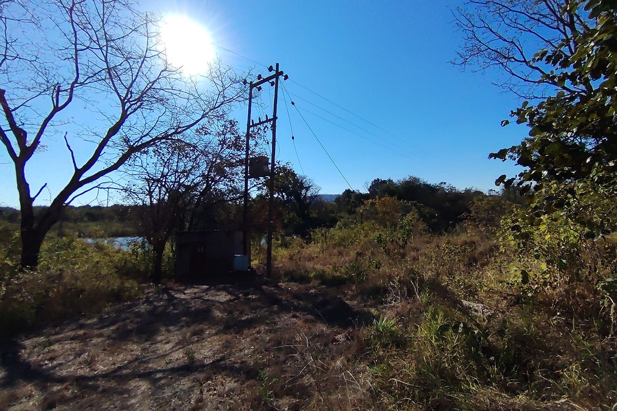 An outdoor view of a utility pole with an electrical transformer situated on the farm property.