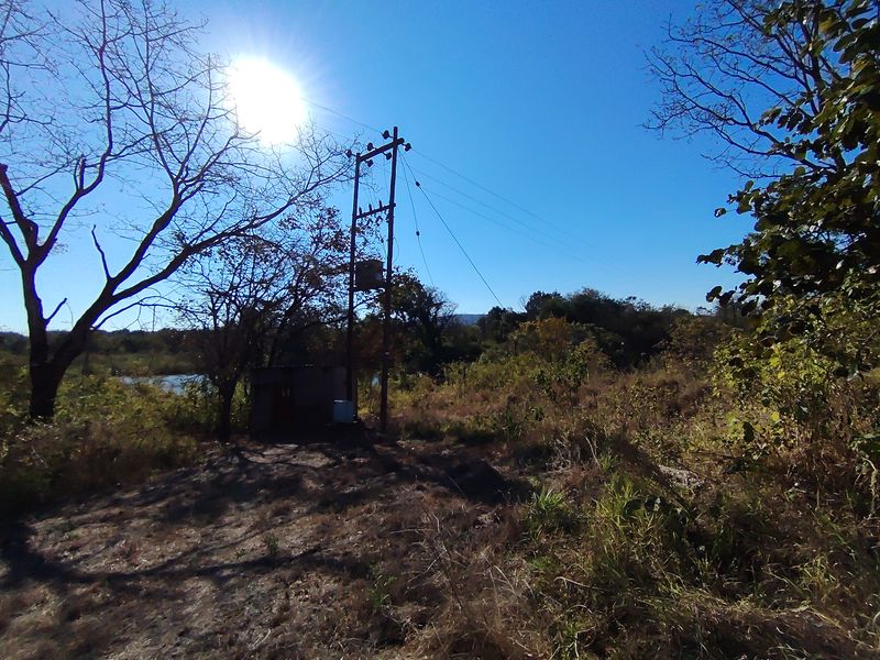 An outdoor view of a utility pole with an electrical transformer situated on the farm property.