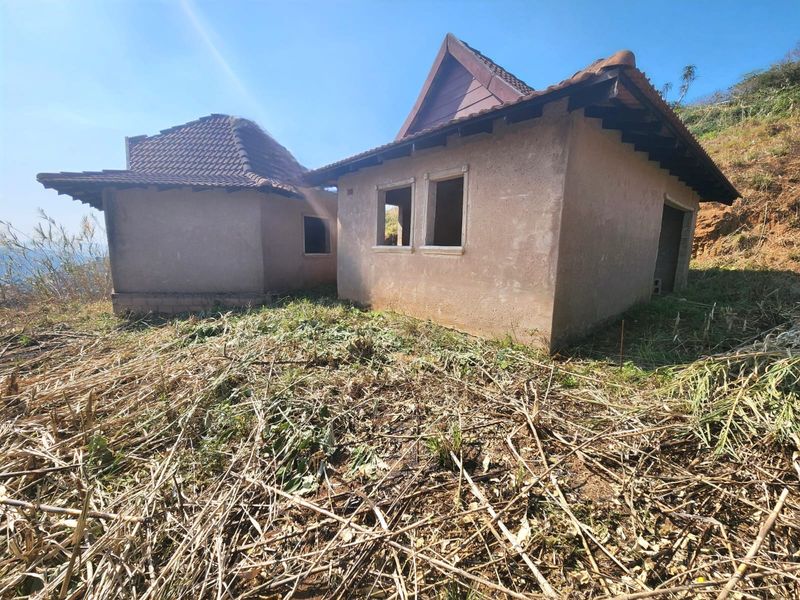 Exterior view of an unfinished residential structure featuring tiled roofing and plastered walls, situated on an undeveloped plot with significant vegetation.