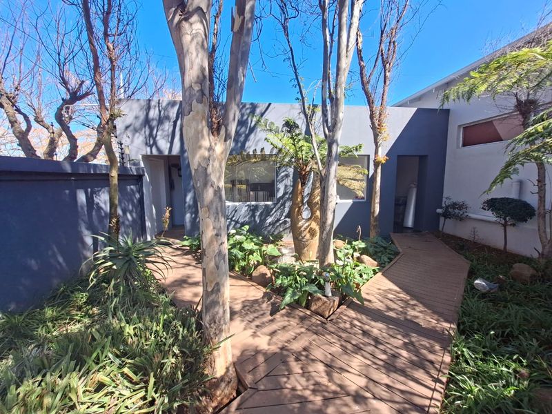 A well-maintained rear garden area featuring timber decking pathways, mature trees, and landscaped garden beds enclosed by a boundary wall.