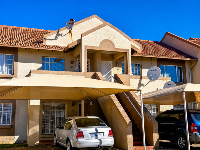 Front elevation of a multi-unit residential complex featuring a tiled roof, external staircase, and dedicated shade cloth carports.
