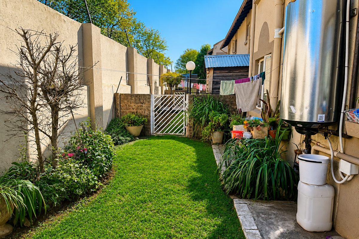 A private rear garden featuring a well-maintained lawn, perimeter wall with electric fencing, and an external geyser unit.