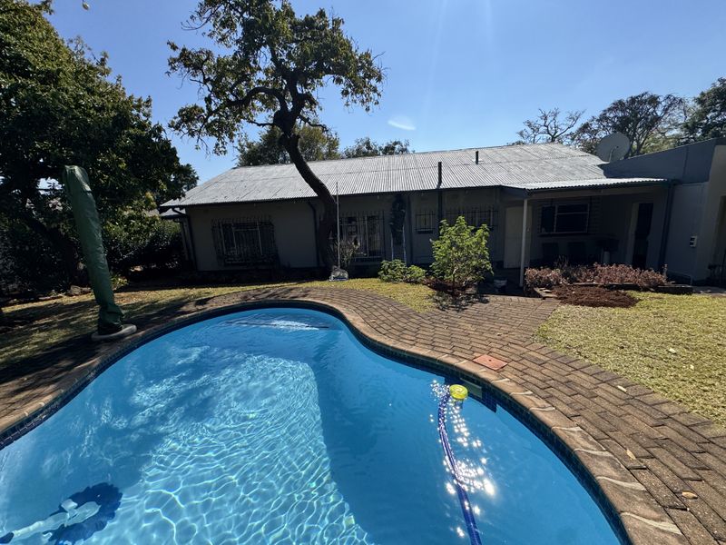 Rear exterior view featuring a swimming pool with brick paving, mature trees, and a house with a corrugated metal roof.