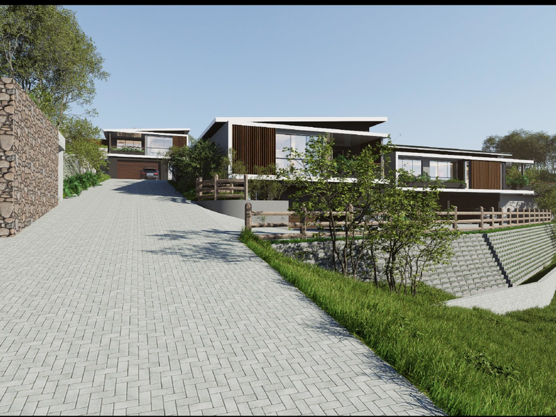 A modern architectural house design featuring a paved driveway, stone retaining walls, and timber accents, set within a landscaped hillside environment.