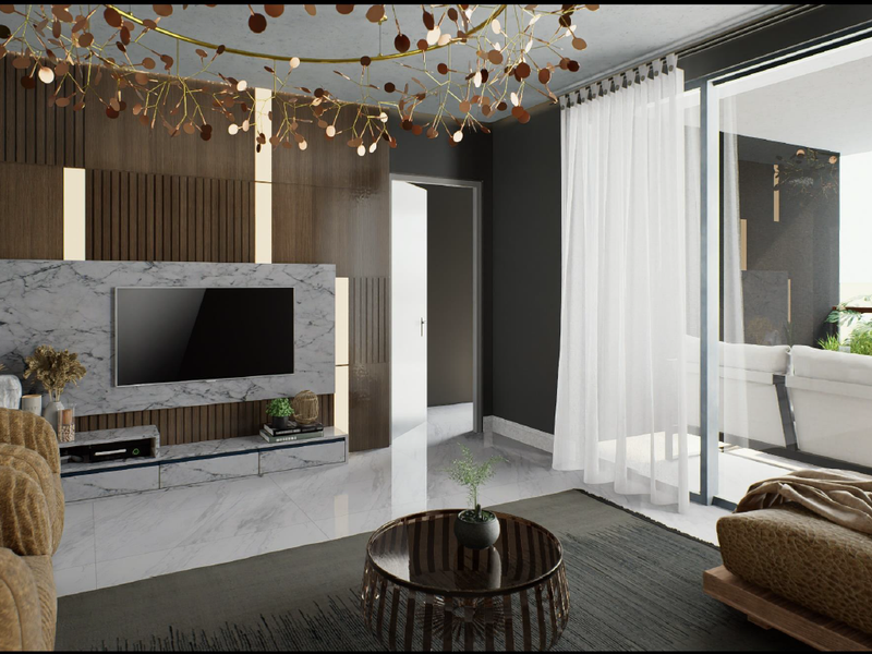 Modern living room featuring a marble media wall, slatted wood accents, recessed lighting, and large sliding glass doors leading to a balcony.