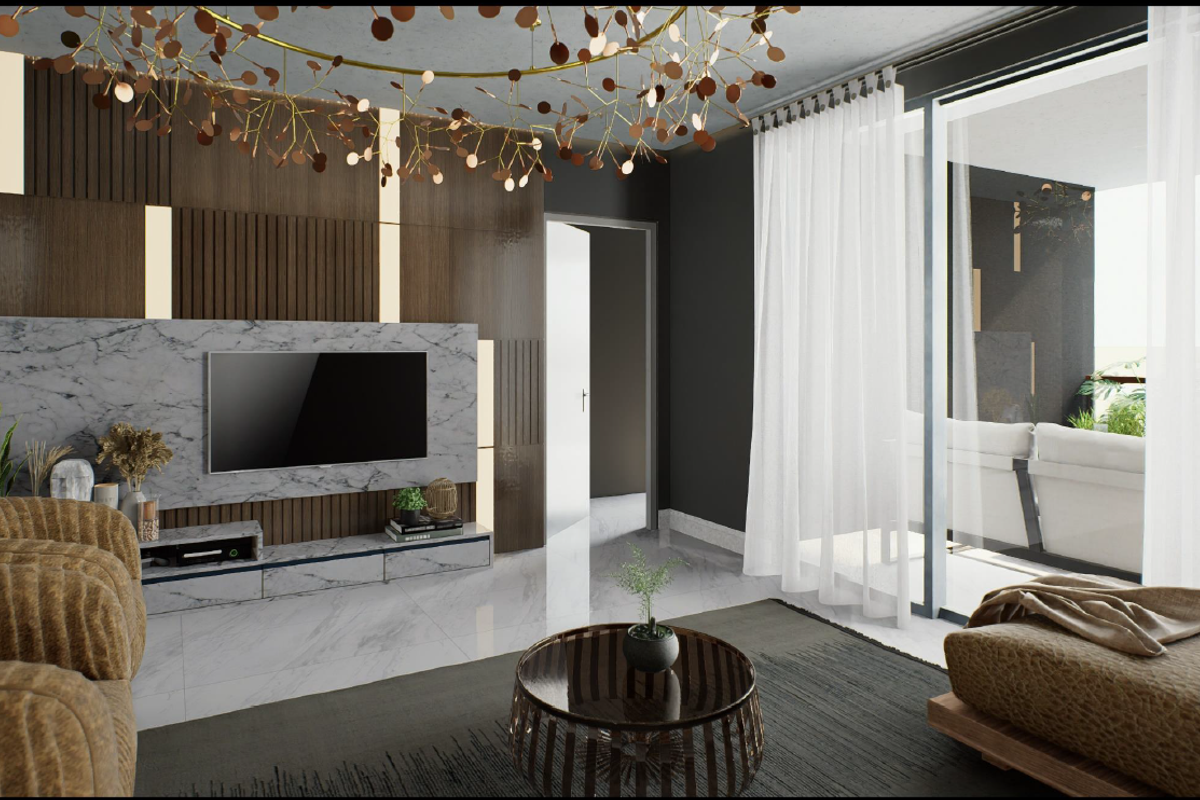 Modern living room featuring a marble media wall, slatted wood accents, recessed lighting, and large sliding glass doors leading to a balcony.