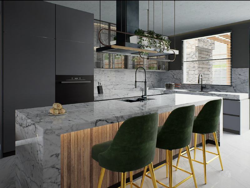 Modern kitchen featuring a marble waterfall island, integrated dark cabinetry, built-in oven, and high-end finishes with direct access to an outdoor patio area.