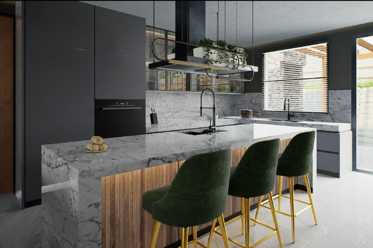 Modern kitchen featuring a marble waterfall island, integrated dark cabinetry, built-in oven, and high-end finishes with direct access to an outdoor patio area.