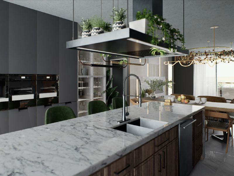 Modern open-plan kitchen featuring a marble island, high-end built-in appliances, and sleek dark cabinetry, seamlessly flowing into the dining and living areas.
