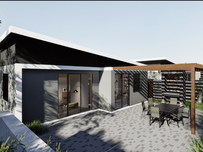 A modern rear exterior view featuring a paved patio, built-in stone fireplace, and timber pergola, seamlessly connected to the interior via sliding glass doors.