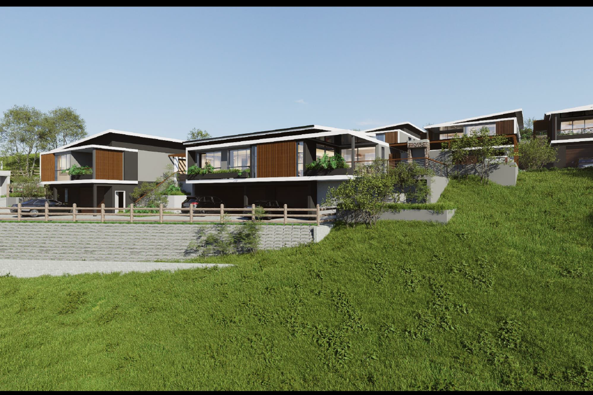 A modern multi-level residential development featuring contemporary architectural design, integrated garages, and landscaped terraced grounds.