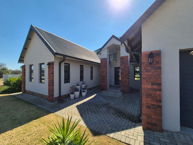 Front elevation of a modern house featuring a combination of plastered walls, brick accents, a corrugated metal roof, and a paved entrance area.