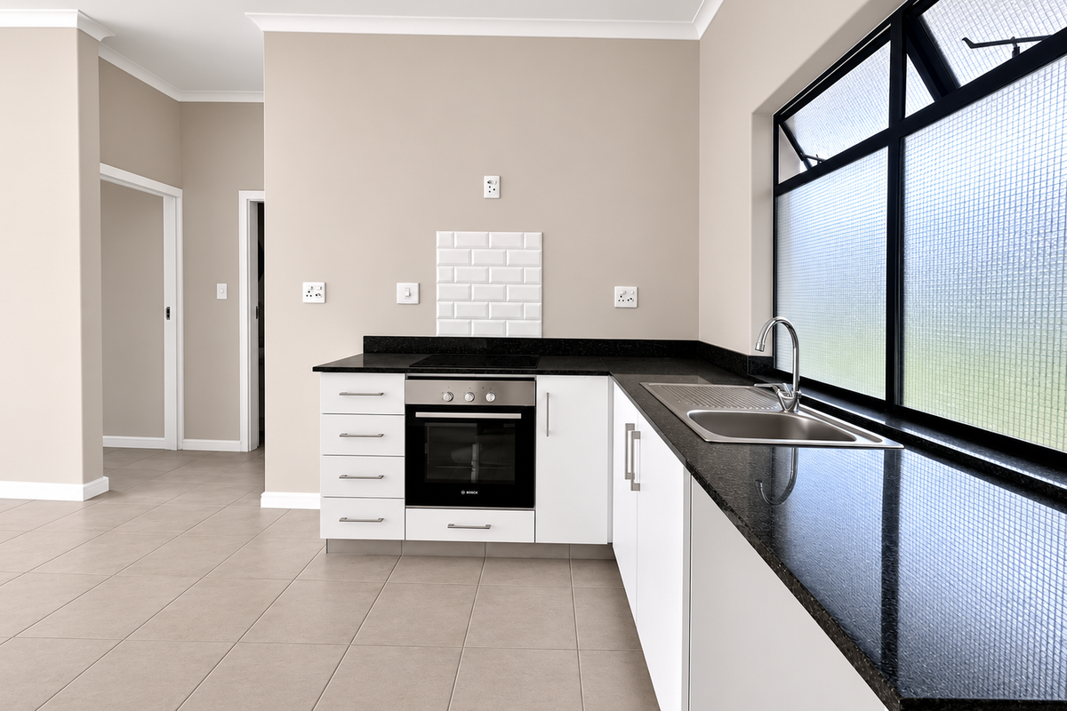 Modern kitchen featuring white cabinetry, black granite countertops, built-in oven, electric hob, and a stainless steel sink with tiled flooring.