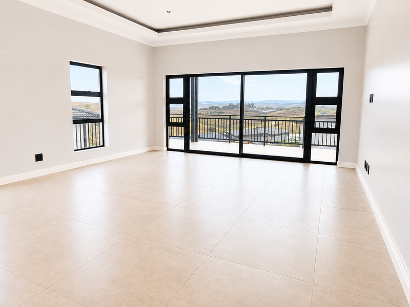 Spacious, light-filled living area featuring large format floor tiles, recessed ceiling detail, and expansive sliding glass doors opening onto a balcony with scenic views.