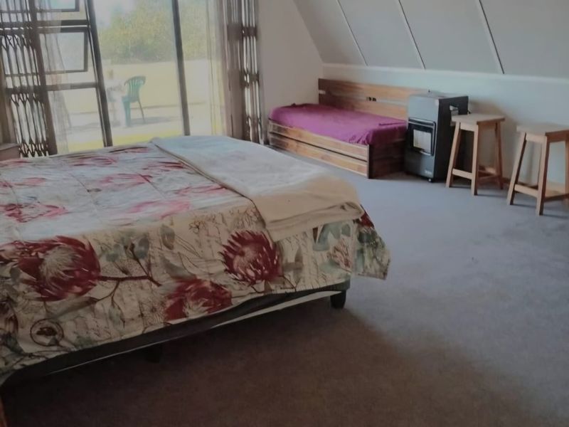 Spacious bedroom featuring a sloped ceiling, ceiling fan, and large sliding glass doors that provide access to an outdoor area.
