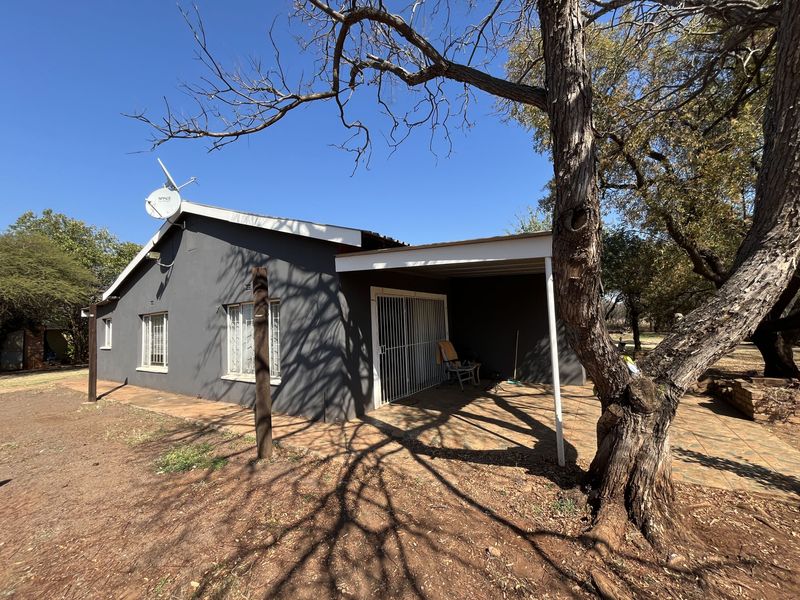 Rear view of the property featuring a covered patio area with tiled flooring, security gates, and established trees in the surrounding garden.