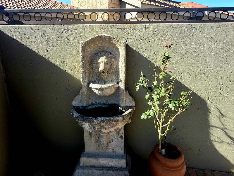 A decorative stone lion water fountain set against a plastered boundary wall with a wrought iron fence topper.