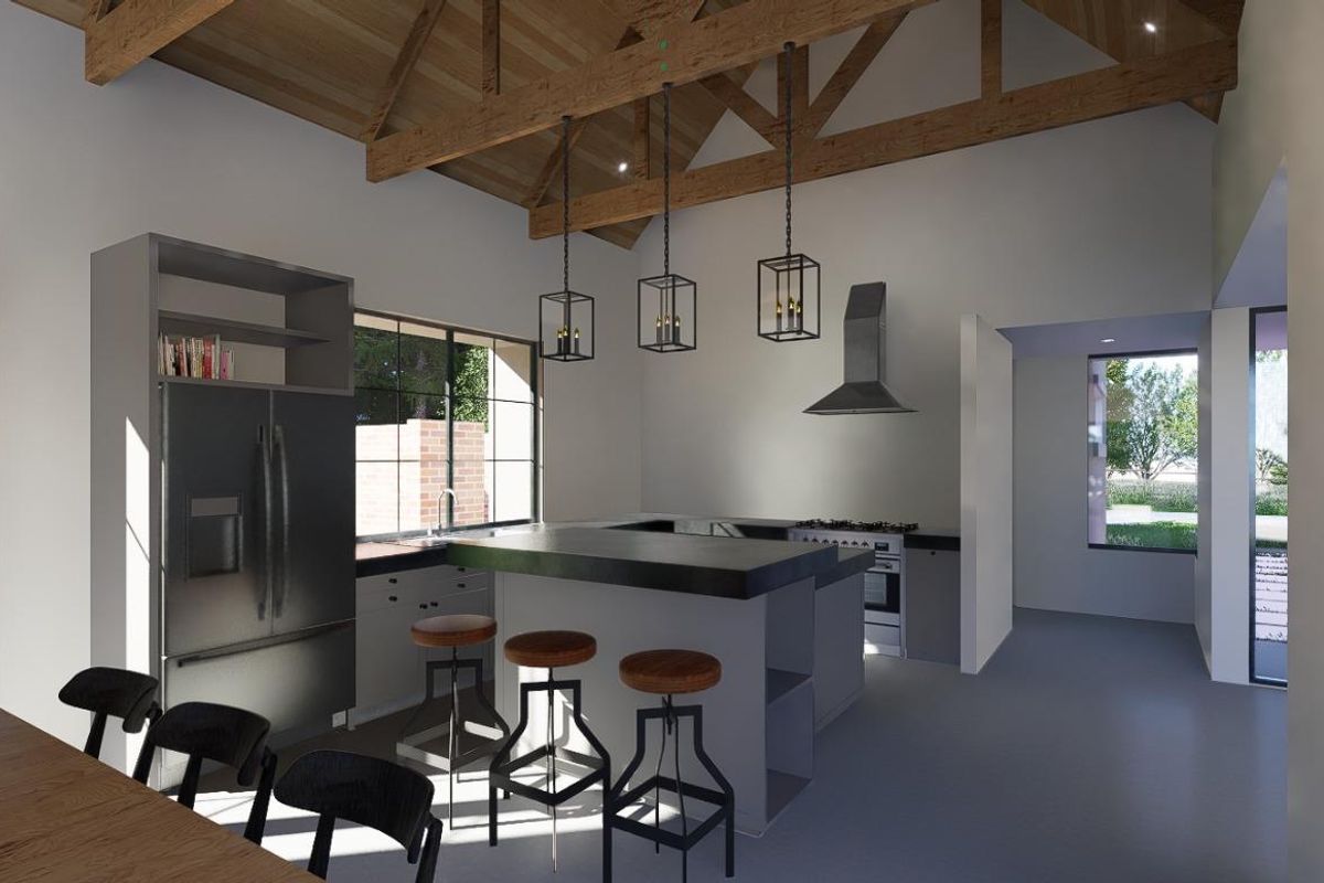 Modern kitchen featuring exposed timber trusses, a central island, built-in appliances, and pendant lighting, creating an open and airy atmosphere.