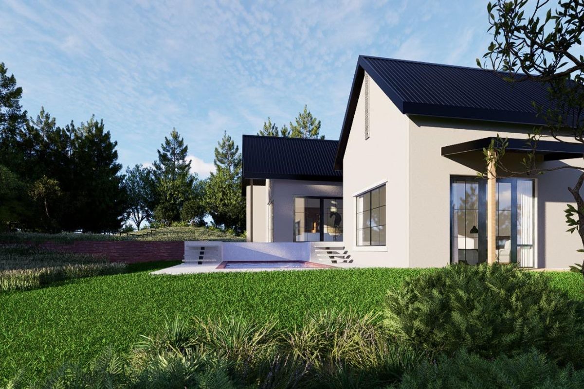 A modern residential exterior featuring a clean facade, metal roofing, and a private swimming pool set within a landscaped garden area.