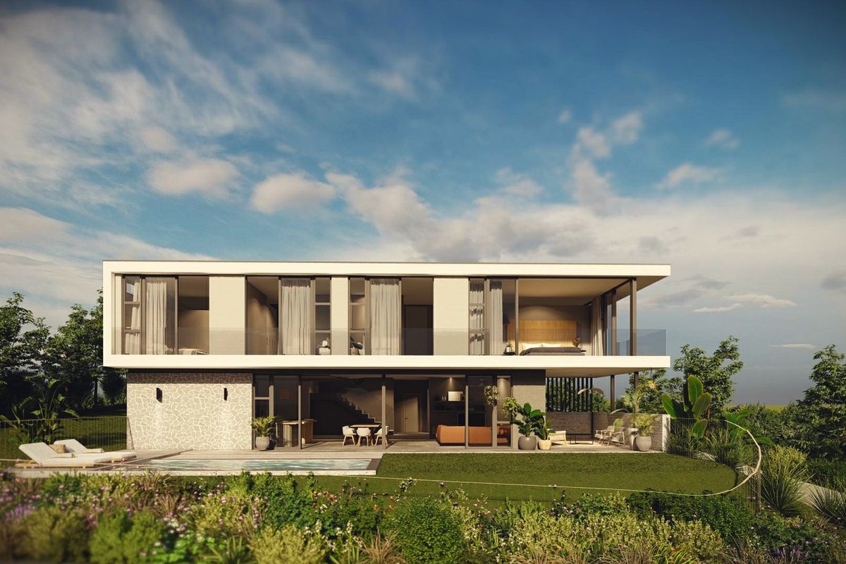 Modern two-story residence featuring a rear facade with expansive glass sliding doors, a covered patio, and a swimming pool set within a landscaped garden.
