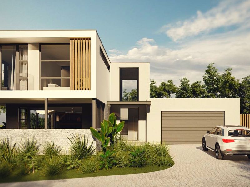 Modern two-story architectural home featuring a double garage, paved driveway, stone cladding, and timber slat accents with a contemporary facade.