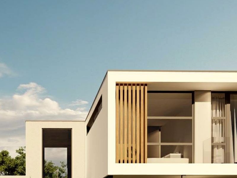 Modern architectural exterior featuring clean lines, a timber slat privacy screen, and large windows overlooking the upper level balcony.
