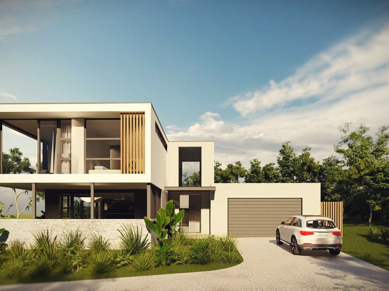 Modern two-story architectural home featuring a double garage, paved driveway, stone cladding, and contemporary timber accents.