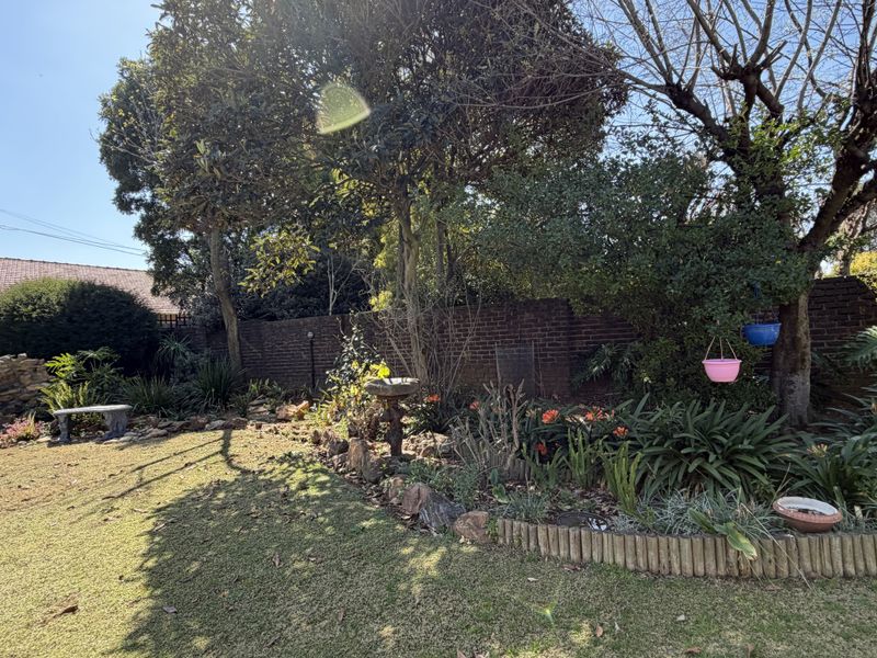 A well-established residential garden featuring a lawn, mature trees, and a brick boundary wall, providing a private outdoor space.