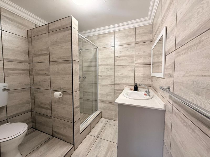 Modern bathroom featuring floor-to-ceiling wood-look tiling, a glass-enclosed walk-in shower, a vanity unit with a basin, and a toilet.