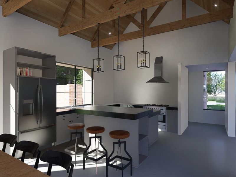 Modern kitchen featuring exposed timber trusses, a central island, built-in appliances, and pendant lighting, creating an open and airy atmosphere.