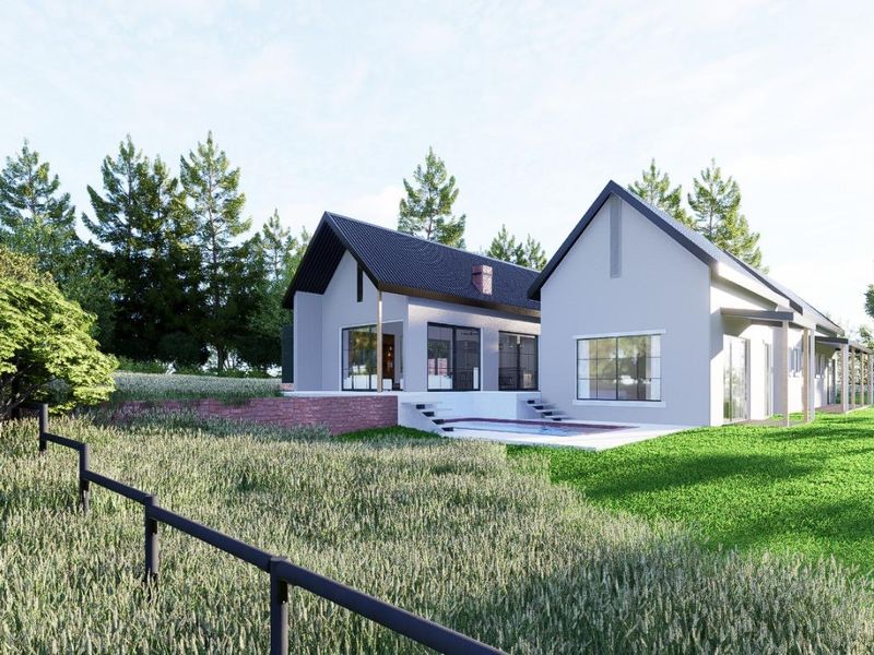 A modern residential property featuring a pitched roof design, large windows, a swimming pool, and a brick retaining wall set within a landscaped garden.